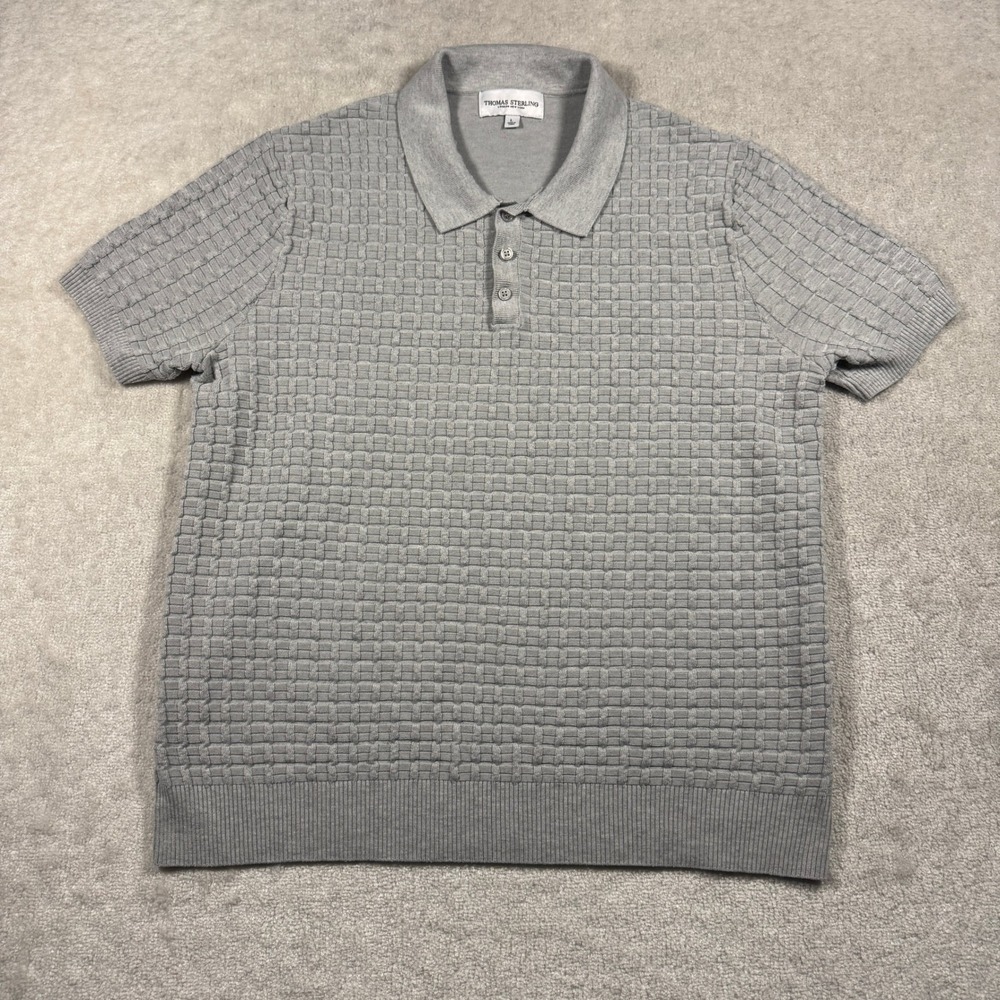 Thomas Sterling Polo Shirt Mens L Gray Knit Textured Grid Short Sleeve Sweater
